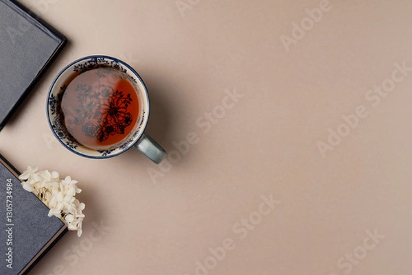 Fototapeta Books with flowers and cup of tea on beige background from above. Flat lay, top view. Copy space