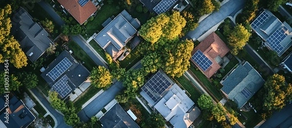 Fototapeta Aerial view of suburban neighborhood with solar panels on rooftops and lush green trees.