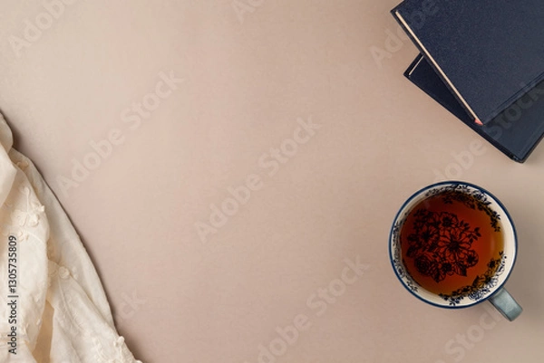 Fototapeta Books with cup of tea on beige background from above. Flat lay, top view. Copy space