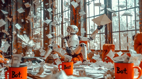 Obraz Robot and Mugs Scene: A futuristic scene with a robot and a lot of falling paper surrounded by mugs marked with "Bot."