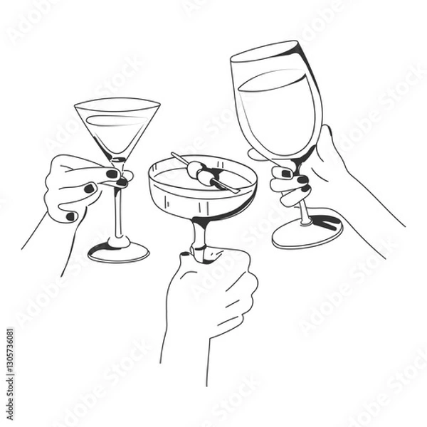 Obraz Hands with glasses and cocktails. Hand-drawn ink vector illustration for greetings, menus, invitations to a bachelorette party, wedding, birthday. Isolated.