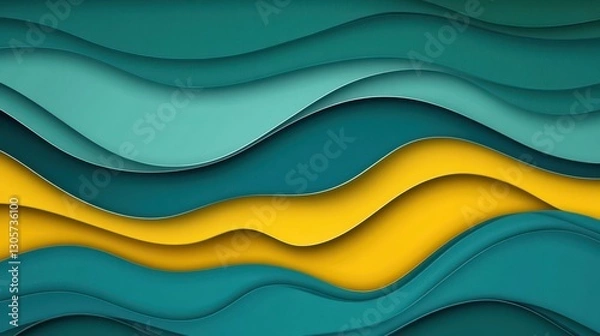 Fototapeta Flowing wave lines in green, blue, and yellow create a modern background perfect for posters and flyers.