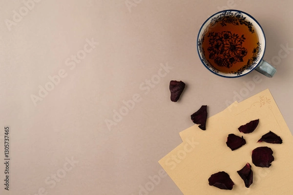Fototapeta Cup of tea with vintage paper sheet with rose petals on beige background. Flat lay, top view. Copy space