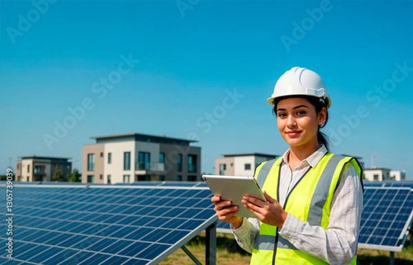 Fototapeta A female engineer wearing a hard hat and safety vest stands in a roof inspecting a sola panel installation, holding a tablet.