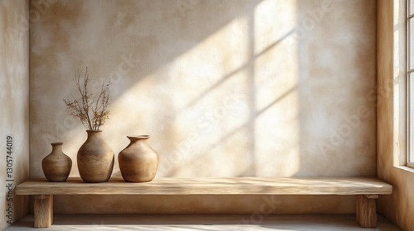 Fototapeta A serene minimalist interior featuring three earthenware vases on a light wood bench, ideal for home decor, interior design projects, or lifestyle magazines.