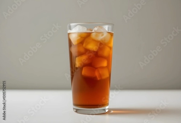 Fototapeta A plain glass of iced tea with ice cubes against a neutral background. No fruit or garnish, focusing on the simplicity and refreshing look of the amber-colored drink.