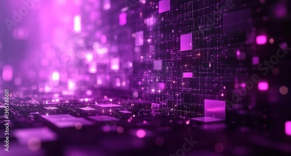 Obraz Abstract glowing purple and black background with shimmering squares and lines representing digital technology and futuristic design.