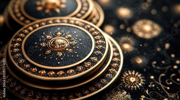 Obraz Ornate golden shields, detailed closeup, dark background, artistic display, possible use in design or jewelry