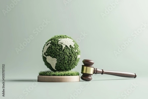 Fototapeta Judge gavel laying near green globe covered with grass representing environmental law