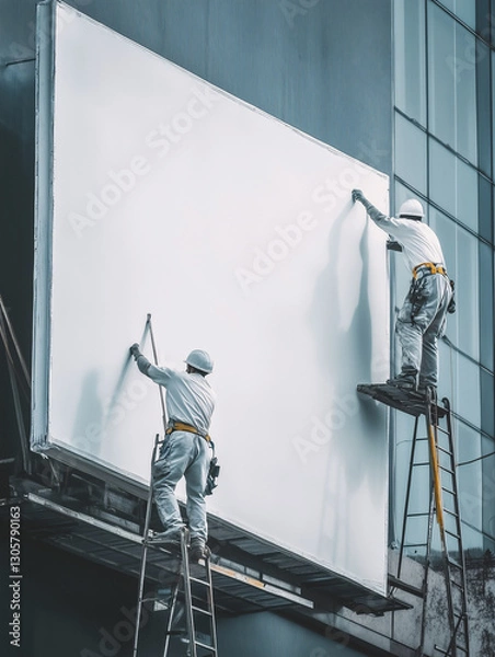Obraz Workers Installing Blank Outdoor Billboard – Advertising and Marketing Concept