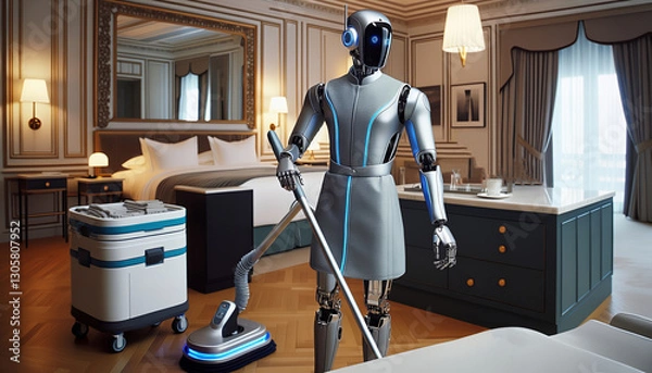 Fototapeta Cutting-edge technology meets elegance as a futuristic robot diligently cleans a modern hotel suite.
