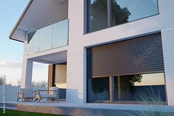Fototapeta Window roller. Front of a Modern Building with a Terrace View and Exterior Blinds
