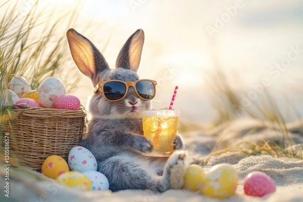Obraz Cool Easter bunny with sunglasses on vacation on the beach with a cocktail.