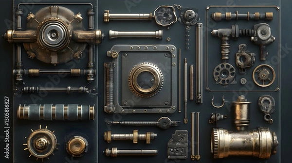 Fototapeta Mechanical component archive with vintage industrial elements