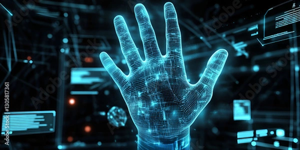 Obraz Futuristic holographic hand scanning technology for biometric security | Digital identification system with advanced AI visualization