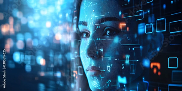 Obraz Woman with a digital interface overlay representing artificial intelligence | Futuristic AI technology and data processing visualization