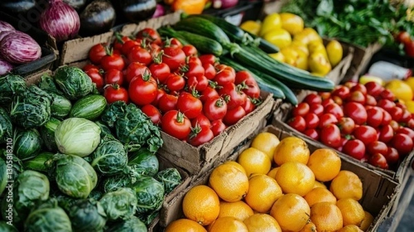 Fototapeta Fresh produce arranged attractively in crates for market display