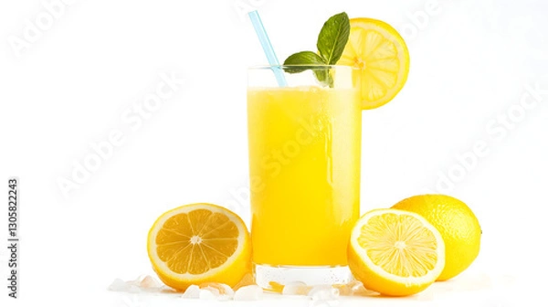 Fototapeta A glass of lemonade with a straw in it and a slice of lemon on the side