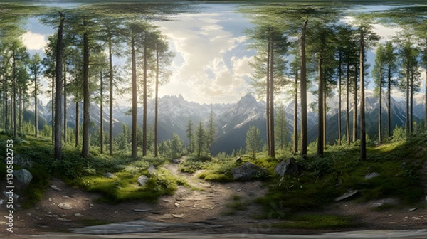 Fototapeta Mountainous forest landscape in 360-degree spherical panorama, natural terrain HDRI map for VR content