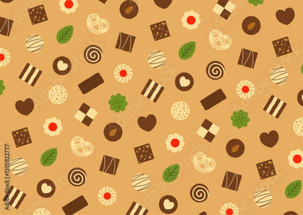 Fototapeta ハートやリフーなどのクッキーのパターンのイラスト_茶色
