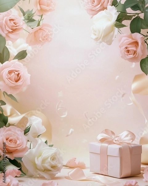 Fototapeta **Mother’s Day Floral Elegance – Soft pastel floral background with delicate pink and white roses arranged in the top corners, with a gift box and ribbon placed subtly in the bottom right corner, luxu