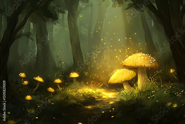 Fototapeta Magical forest scene with glowing mushrooms and soft lighting