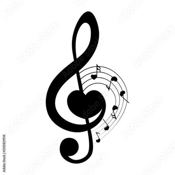Fototapeta Love music, heart shape and musical notes, isolated vector illustration.