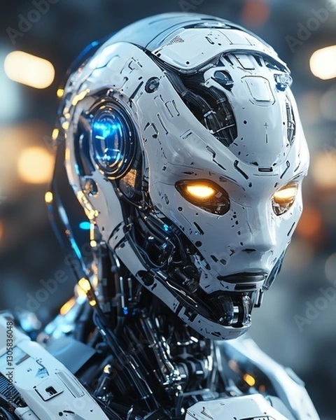 Fototapeta Futuristic Robot Showcasing Intricate Design and Glowing Features in a High-Tech Environment