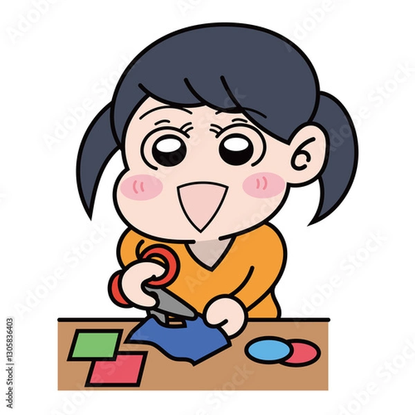 Obraz ハサミで紙を切っている女の子