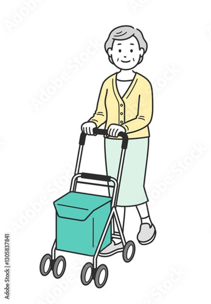 Obraz シルバーカーを押して歩く高齢女性の全身イラスト