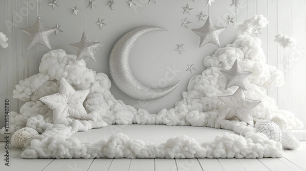Fototapeta Grey photoshoot set with a big plush moon in the centre, lots of cosy cushions in front of the nighttime backdrop 