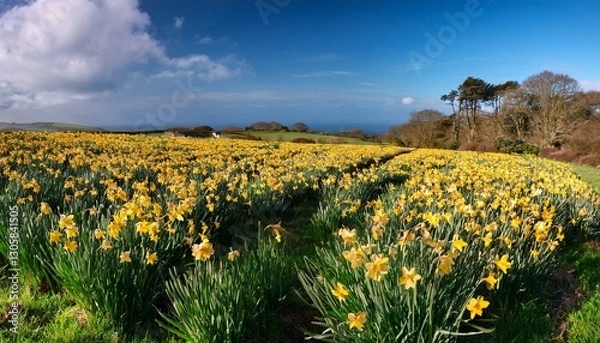 Obraz field of flowering daffodils in spring near padstow in cornwall england