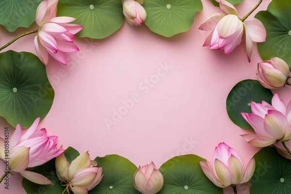 Obraz Moldura floral com flor de lótus rosa e folhas verdes vibrantes sobre fundo rosa suave, criada com IA generativa para um design delicado e natural