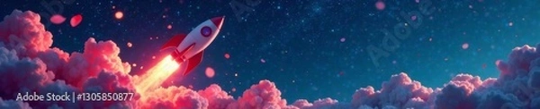 Obraz Elegant rocket with delicate flower petals surrounding its body and a starry night sky in the background, flowers, orbit