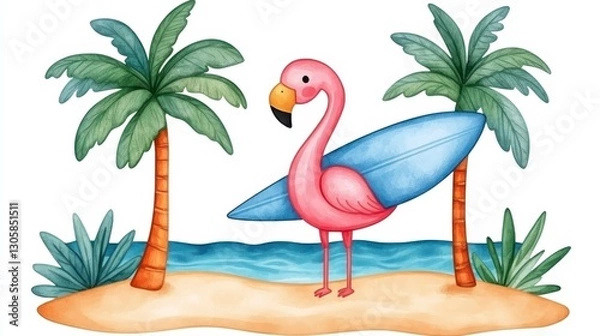 Fototapeta Colorful Flamingo with Surfboard Surrounded by Tropical Palms