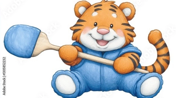 Fototapeta Cute Tiger Character with Blue Outfit and Shovel in Fun Pose