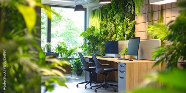 Obraz Office Workspace Surrounded by Green Plants and Computers

