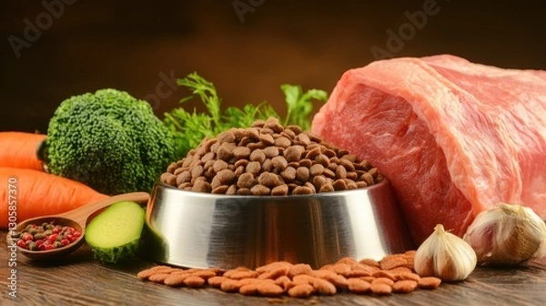 Fototapeta A bowl of pet food surrounded by fresh vegetables, meat, and spices, showcasing a nutritious meal preparation.