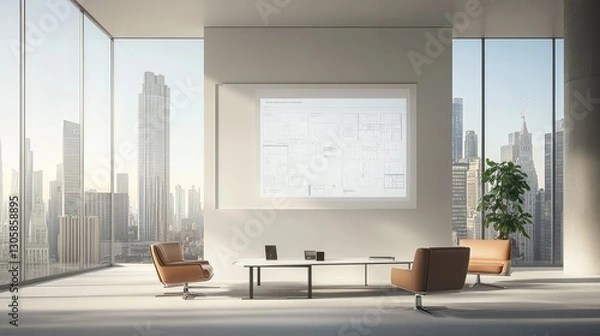 Fototapeta Site meeting setup with a projector displaying project plans on a white screen.