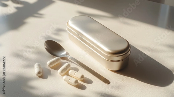 Fototapeta Sleek pill box with tablets and spoon, perfect for medication organization