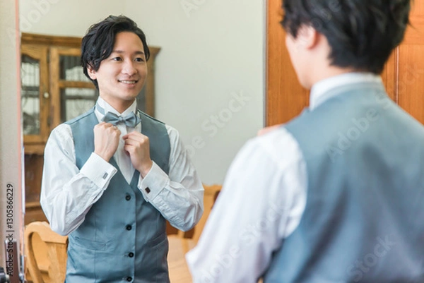 Fototapeta 控え室・ブライズルームで結婚式・挙式・披露宴の準備をする新郎・花婿
