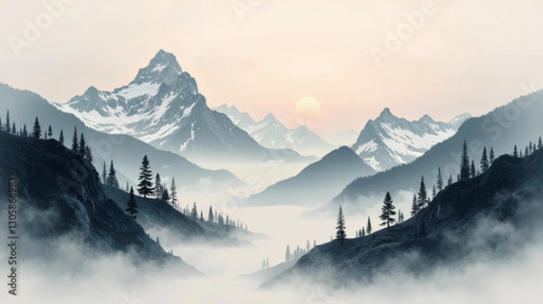 Obraz Silk Gauze Mountain Ink Landscape