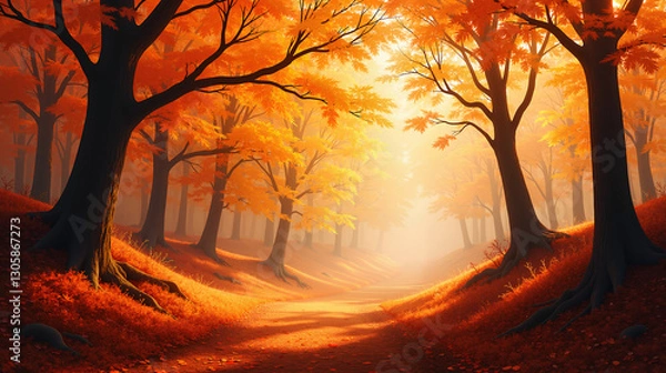 Fototapeta Surreal Autumn Forest with Amber Leaves