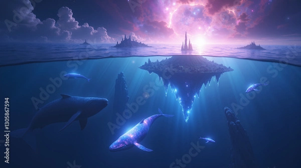 Obraz Surreal Cosmic Ocean with Bioluminescent Whales