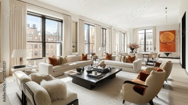 Fototapeta Bright living room with a spacious sofa, a rectangular coffee table, and accent chairs arranged for an open flow