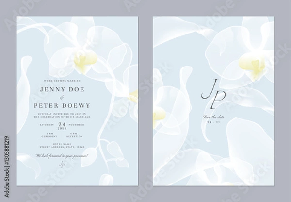 Obraz Wedding invitation and save the date template set of delicate, translucent Phalaenopsis orchid on a soft blue background. The style is modern, romantic, and understated