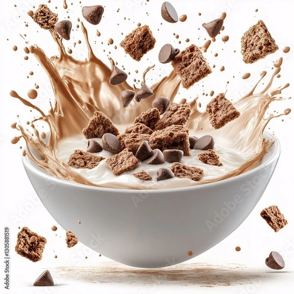 Obraz Indulgent Chocolate Cereal Splash with Milk: Wholesome Breakfast Delight