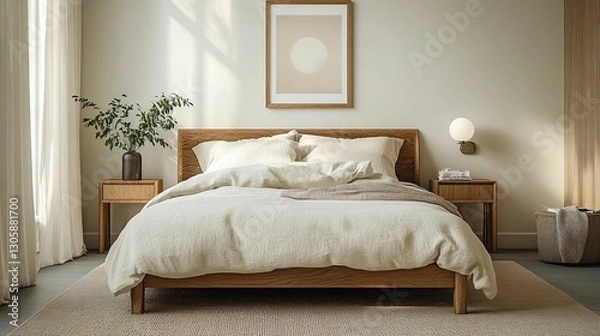 Obraz Modern Minimalist Bedroom With Wooden Bed And Neutral Decor