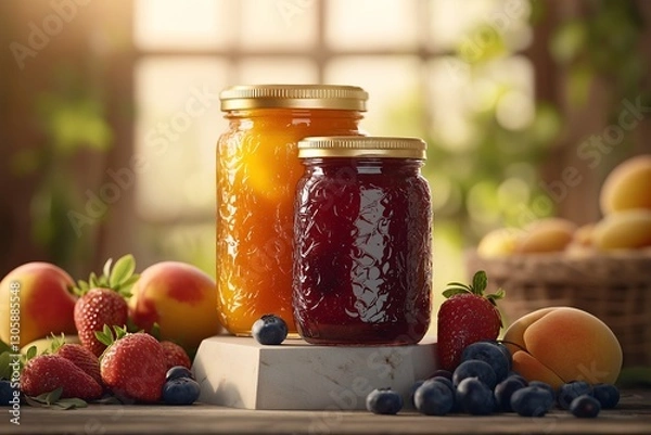 Obraz Organic Home-Made Jam in Glass Jars: Fresh Strawberry, Blueberry, and Peach Preserves on Rustic Wooden Table
