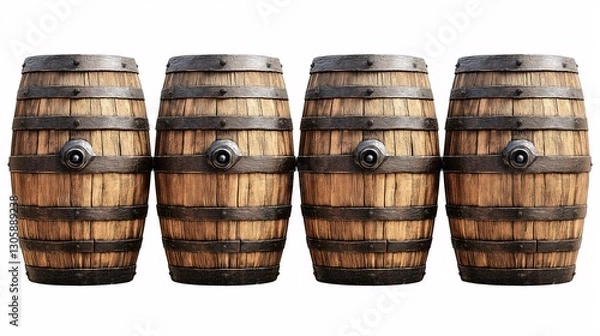 Obraz Vintage Wooden Barrels for Distillery Storage and Rustic Decor | Whiskey and Wine Barrel Aging Solutions